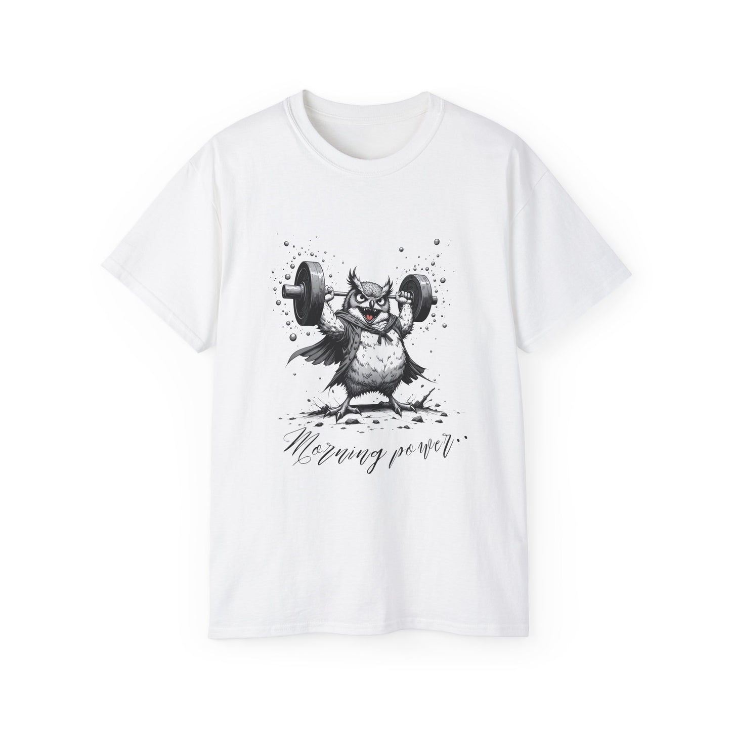 Weightlifting Owl Graphic Tee — "Morning Power" Fitness T-Shirt