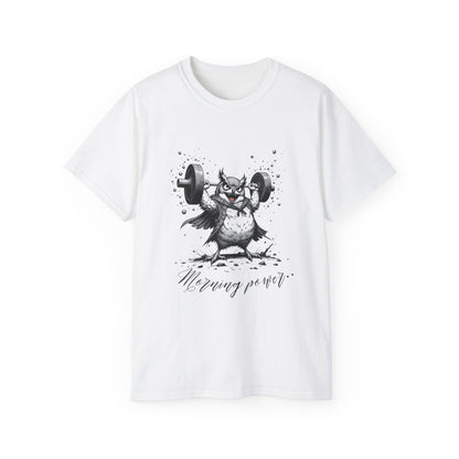 Weightlifting Owl Graphic Tee — "Morning Power" Fitness T-Shirt