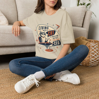 Cat T-Shirt — "Living with a Cat is Basically Having a Furry CEO" Retro Graphic