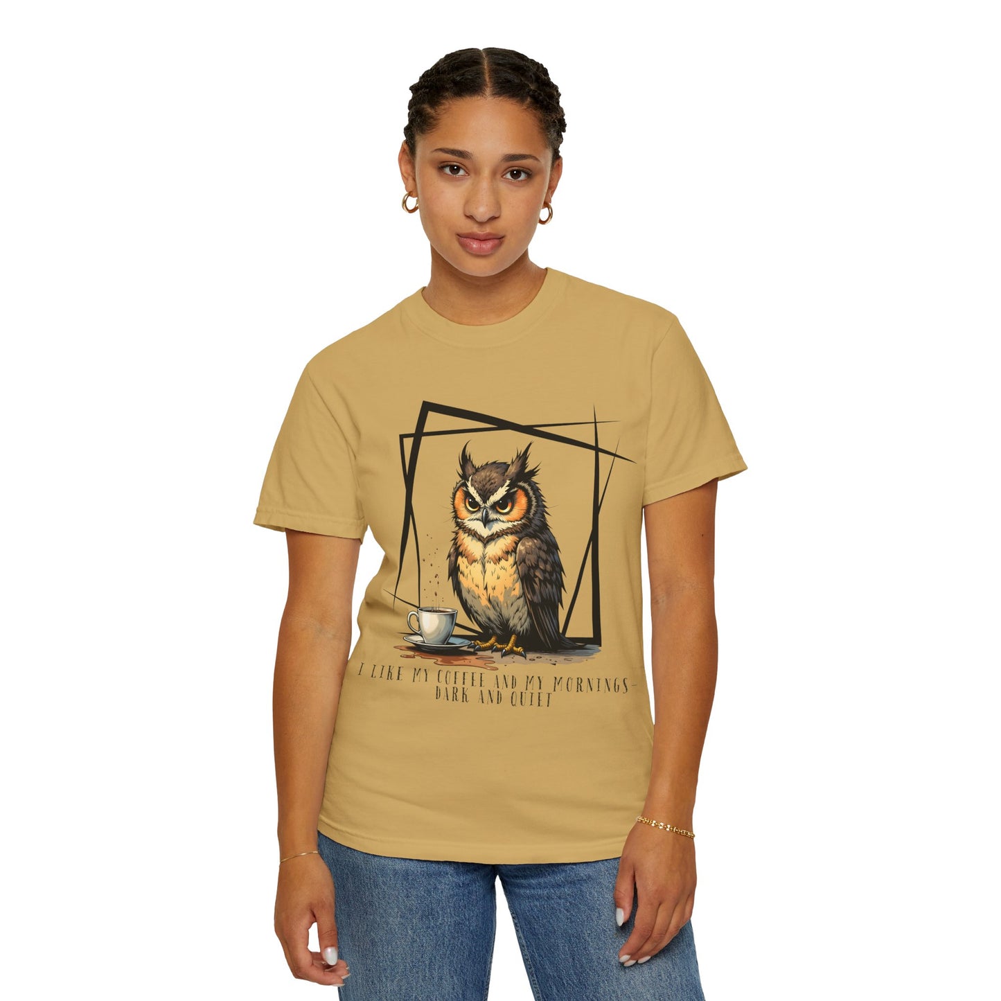 Owl & Coffee Graphic T-Shirt — 'A Day to Coffee and Contemplate'