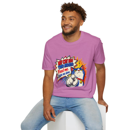 Cat T-Shirt — "My Cat Has Two Moods: Feed Me, Leave Me Alone" Funny Retro Comic Tee