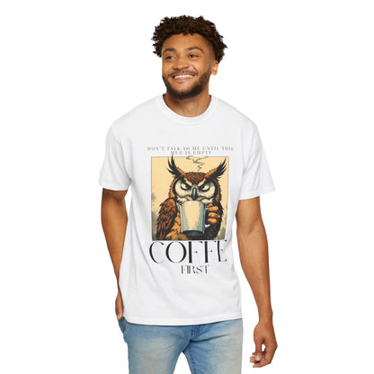Coffee First Owl T-Shirt — Vintage Coffee Lover Graphic Tee