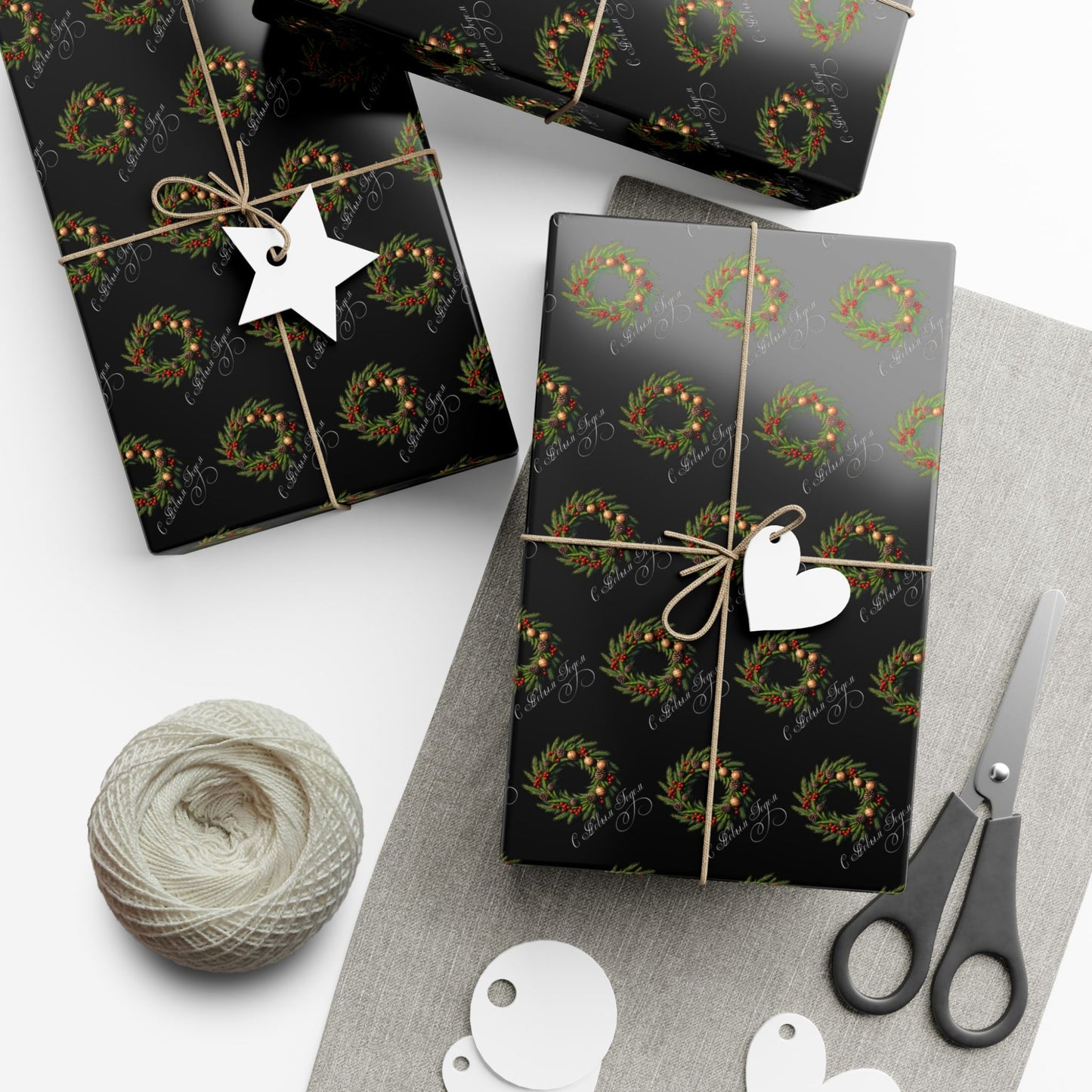 Wreath Pattern Gift Wrap Paper – Black & Gold Holiday Wrapping Sheets