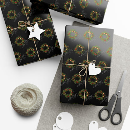 Wreath Pattern Gift Wrap Paper – Black & Gold Holiday Wrapping Sheets