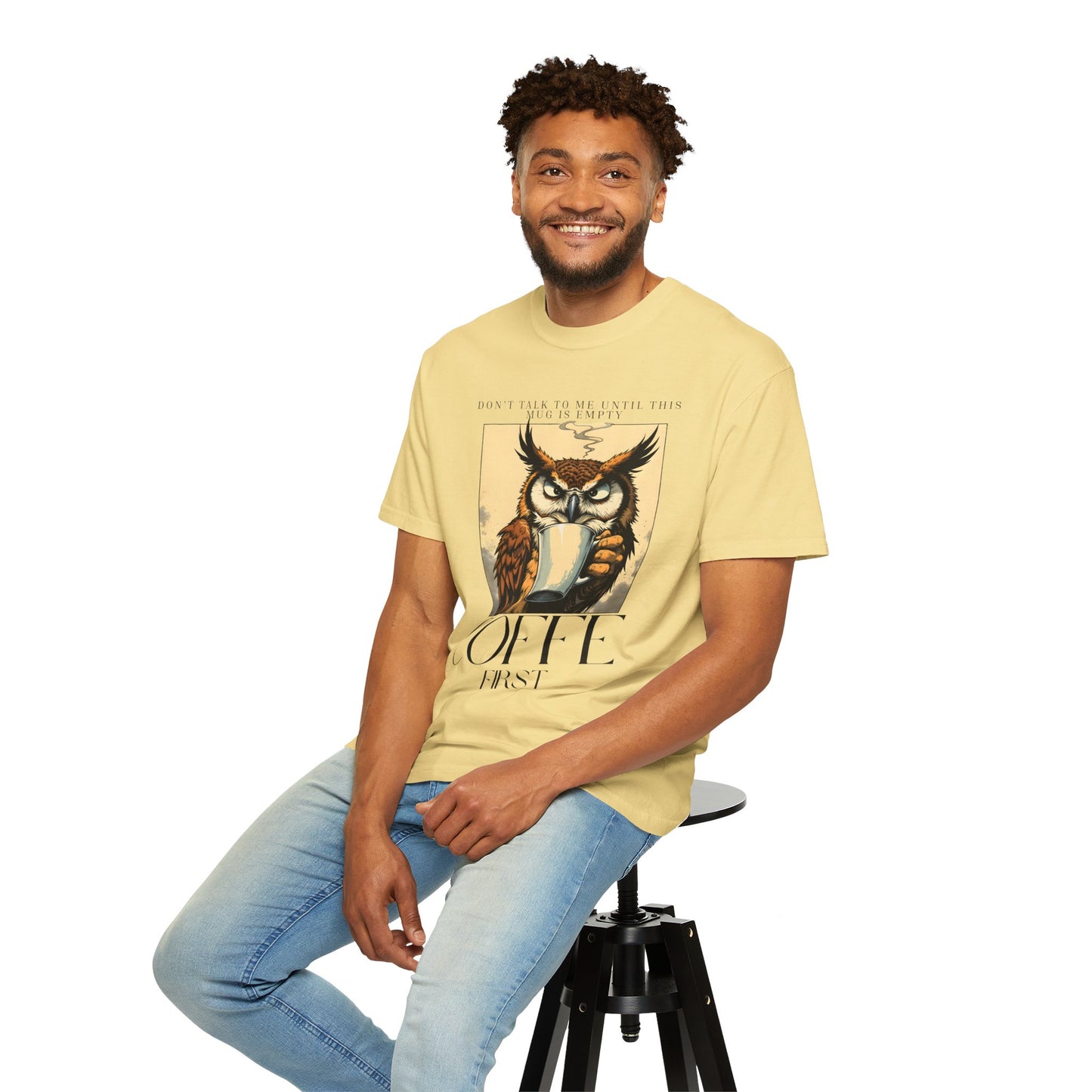 Coffee First Owl T-Shirt — Vintage Coffee Lover Graphic Tee