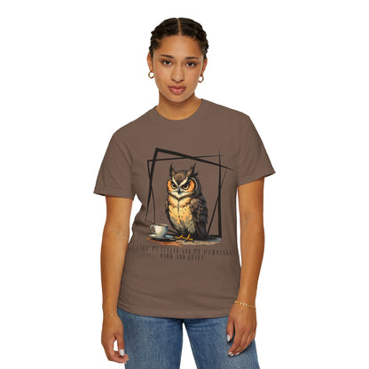 Owl & Coffee Graphic T-Shirt — 'A Day to Coffee and Contemplate'