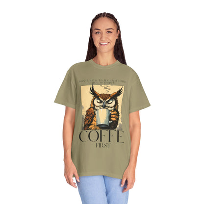 Coffee First Owl T-Shirt — Vintage Coffee Lover Graphic Tee