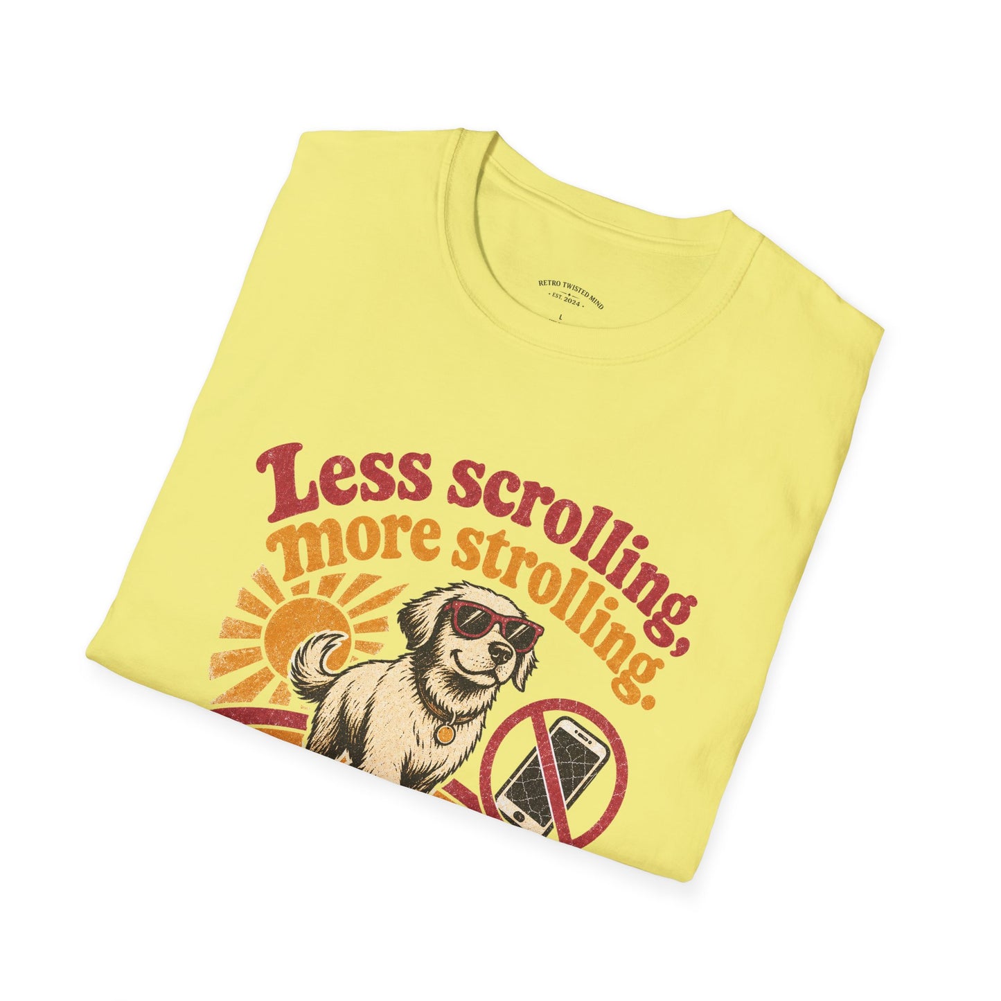 Less Scrolling More Strolling T-Shirt — Retro Dog Walk Graphic Tee
