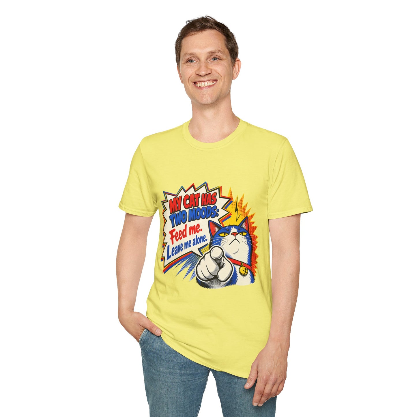 Cat T-Shirt — "My Cat Has Two Moods: Feed Me, Leave Me Alone" Funny Retro Comic Tee