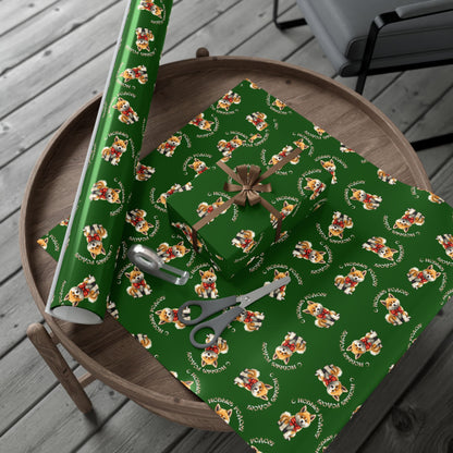 Christmas Corgi Gift Wrap Paper – Green Holiday Wrapping Sheets with Cute Dog Pattern