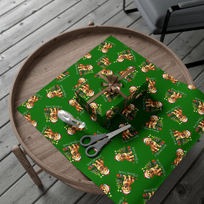 Christmas Puppy Gift Wrap Paper - Green Holiday Dog Wrapping Paper