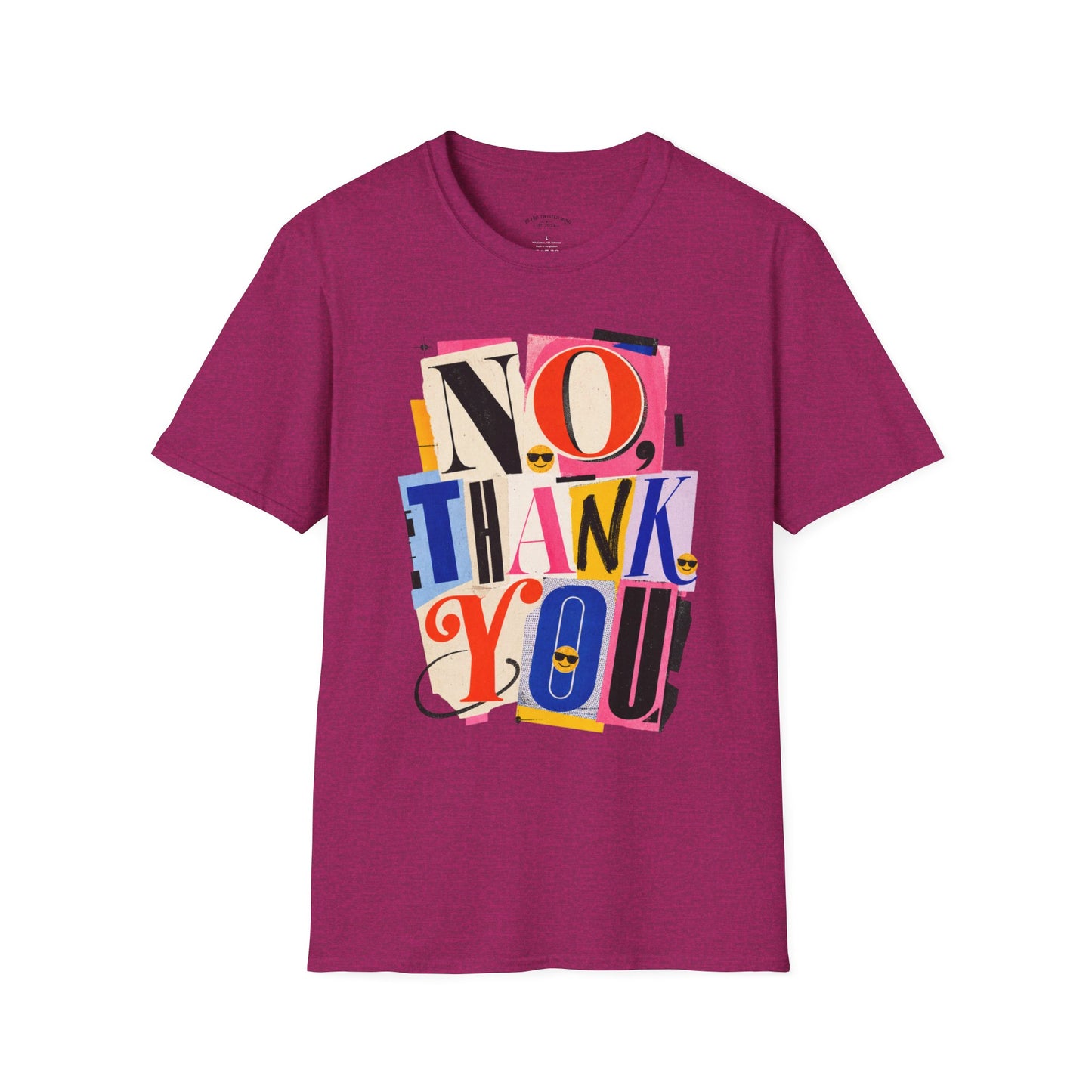 No, Thank You Graphic Tee — Colorful Bold Lettering T‑Shirt