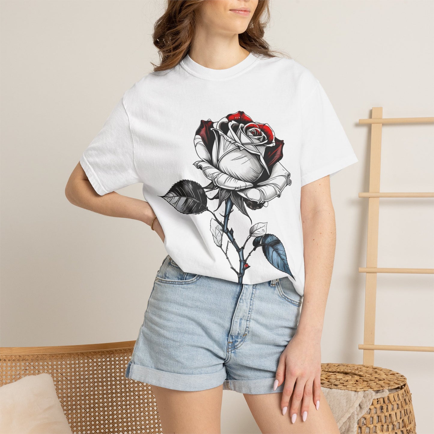 Rose Sketch T-Shirt — Black & Red Botanical Graphic Tee