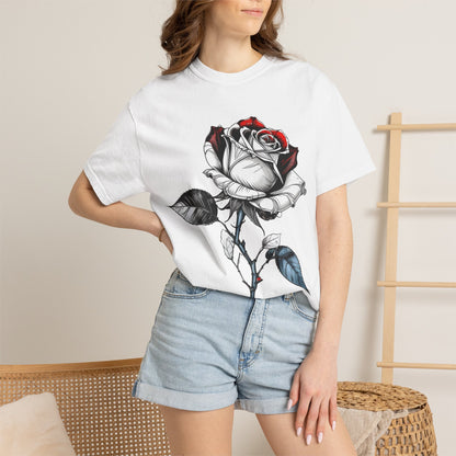 Rose Sketch T-Shirt — Black & Red Botanical Graphic Tee