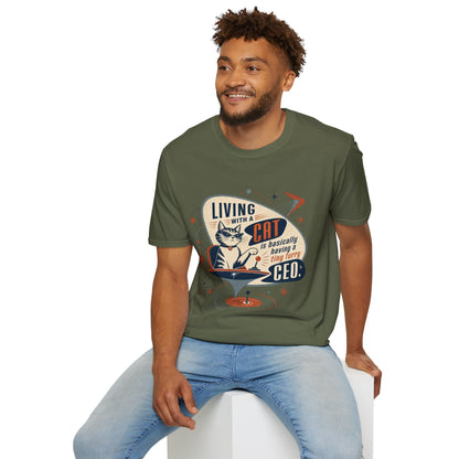 Cat T-Shirt — "Living with a Cat is Basically Having a Furry CEO" Retro Graphic