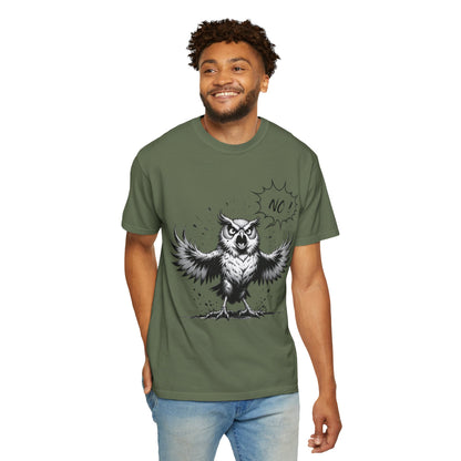 Owl Saying “No” Graphic T-Shirt — Bold Monochrome Illustration