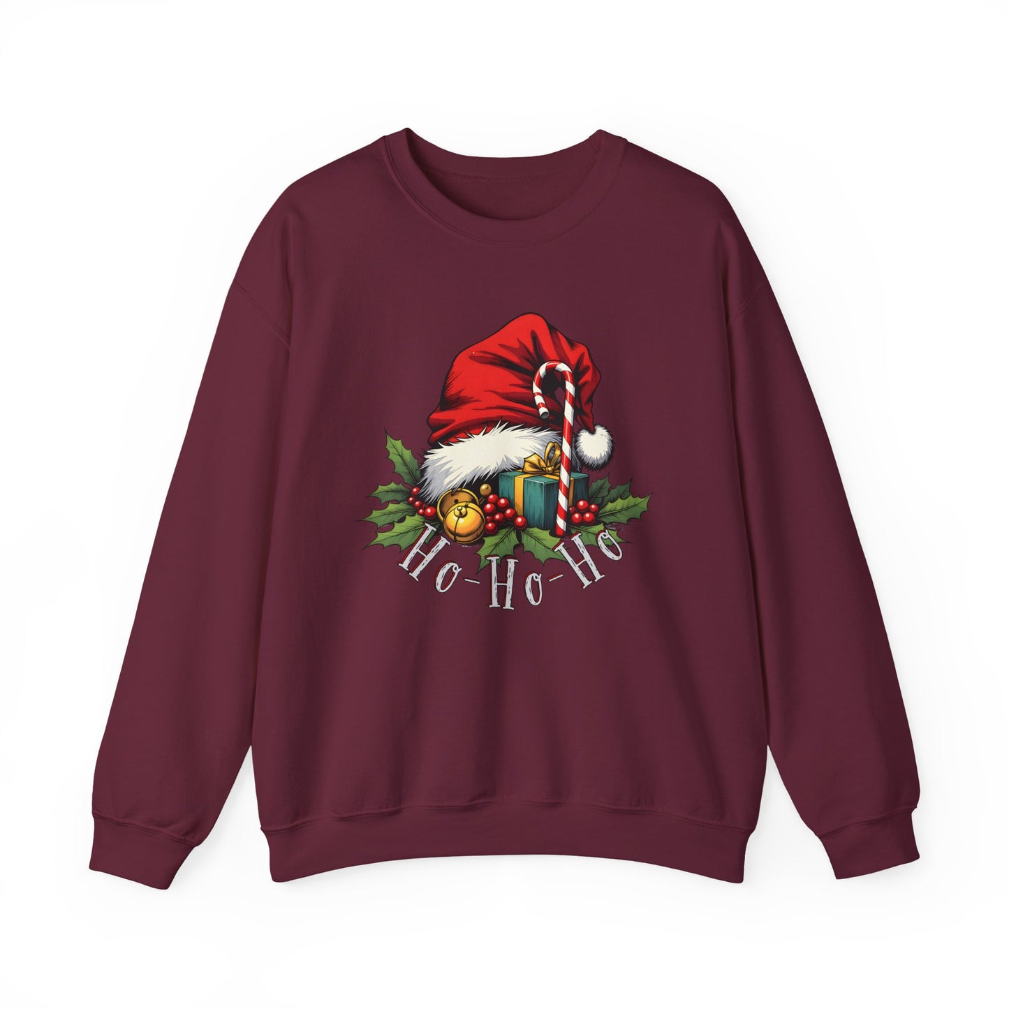 Christmas Sweatshirt - 'Ho-Ho-Ho' Santa Hat & Holly Holiday Crewneck