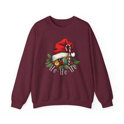 Christmas Sweatshirt - 'Ho-Ho-Ho' Santa Hat & Holly Holiday Crewneck