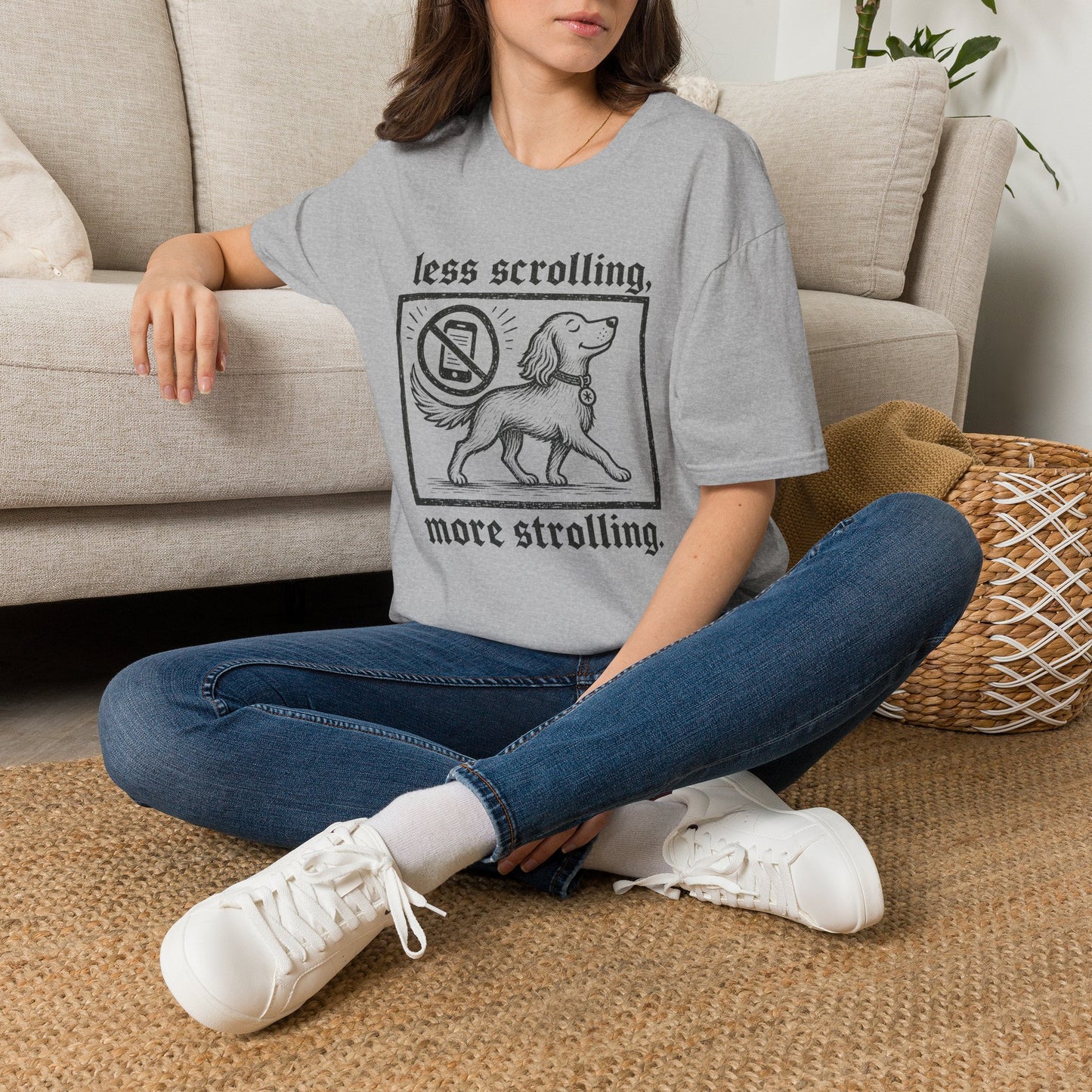 T-Shirt — "Less Scrolling, More Strolling" Dog Graphic Tee