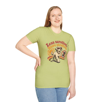 Less Scrolling More Strolling T-Shirt — Retro Dog Walk Graphic Tee