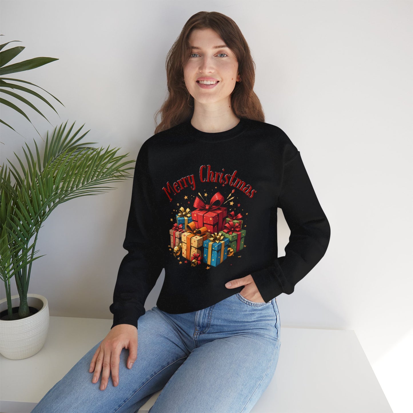 Christmas Crewneck Sweatshirt — "Merry Christmas" with Festive Gift Pile