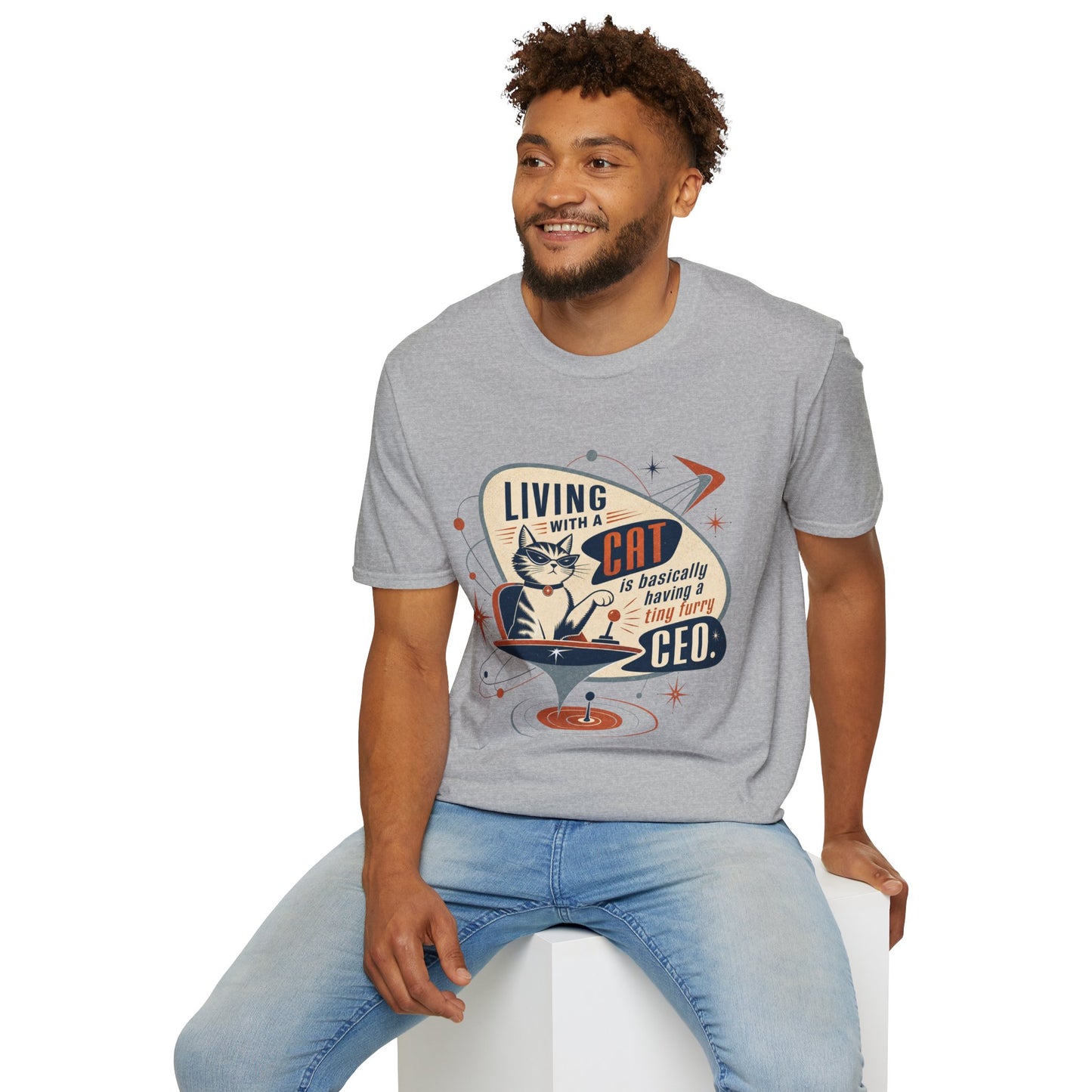 Cat T-Shirt — "Living with a Cat is Basically Having a Furry CEO" Retro Graphic