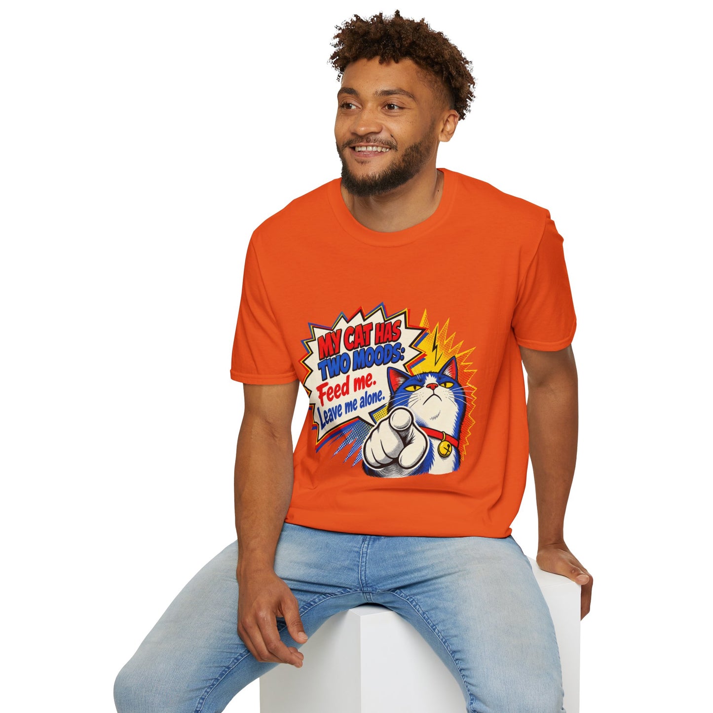 Cat T-Shirt — "My Cat Has Two Moods: Feed Me, Leave Me Alone" Funny Retro Comic Tee