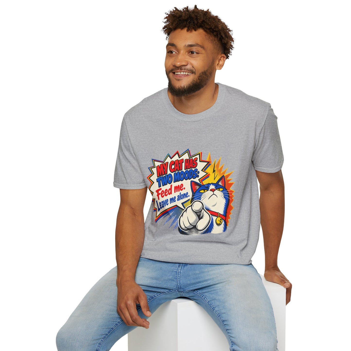 Cat T-Shirt — "My Cat Has Two Moods: Feed Me, Leave Me Alone" Funny Retro Comic Tee