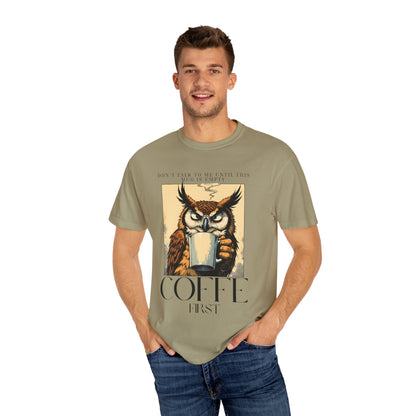 Coffee First Owl T-Shirt — Vintage Coffee Lover Graphic Tee