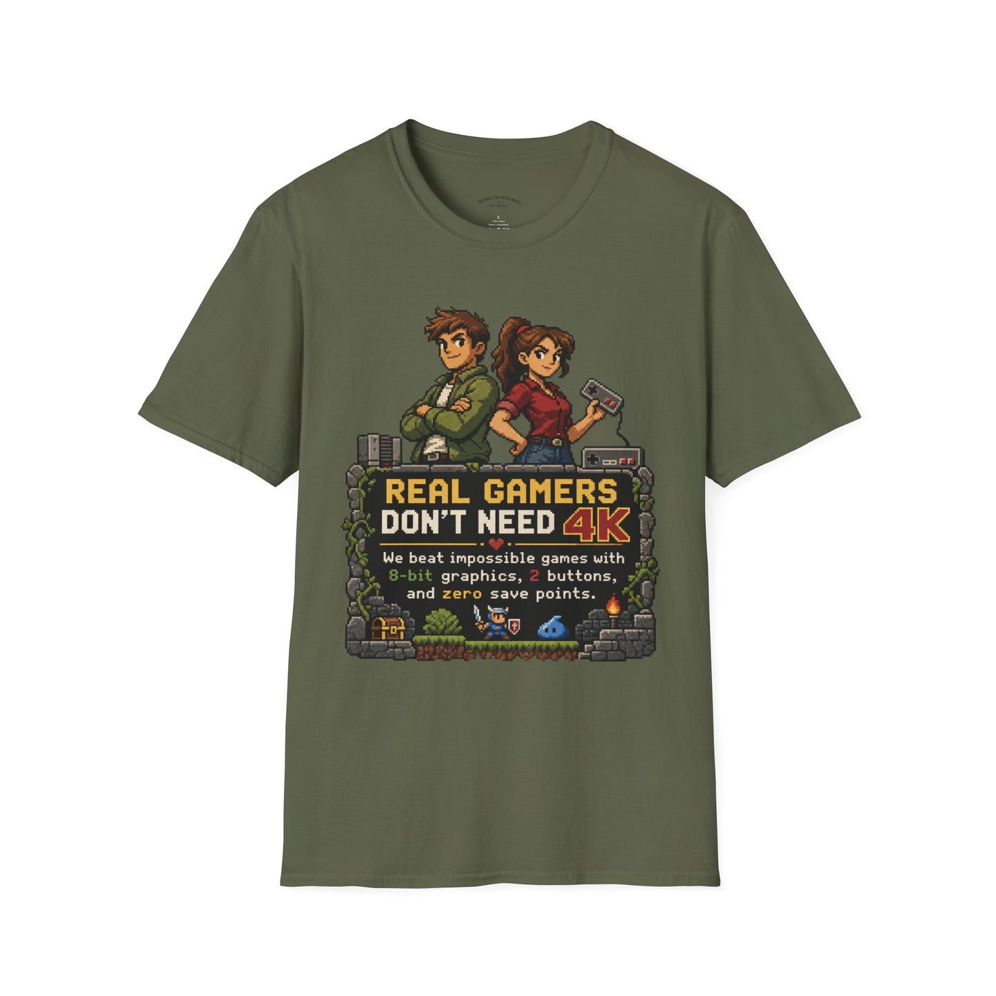 T-Shirt — Retro Pixel 'Real Gamers Don't Need 4K' Graphic Tee