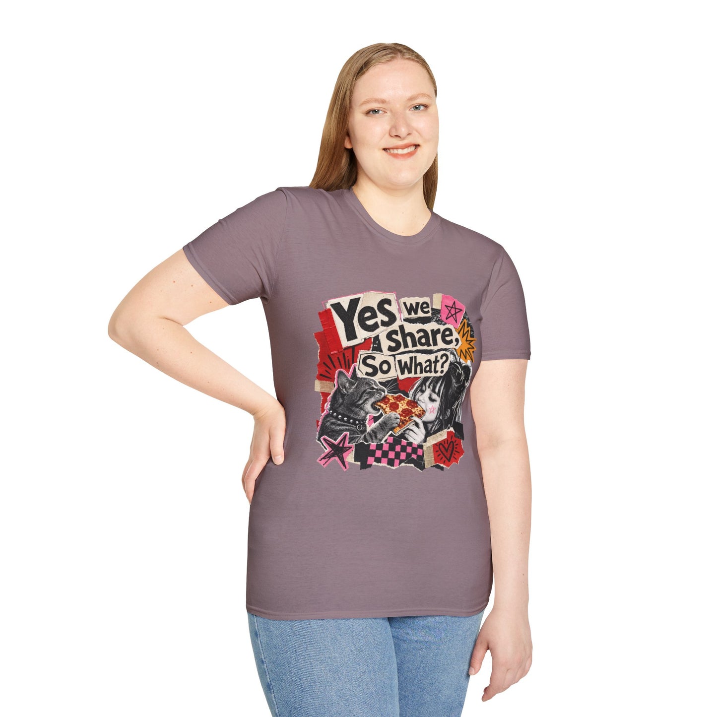 T-Shirt — "Yes We Share, So What?" Retro Collage Graphic Tee