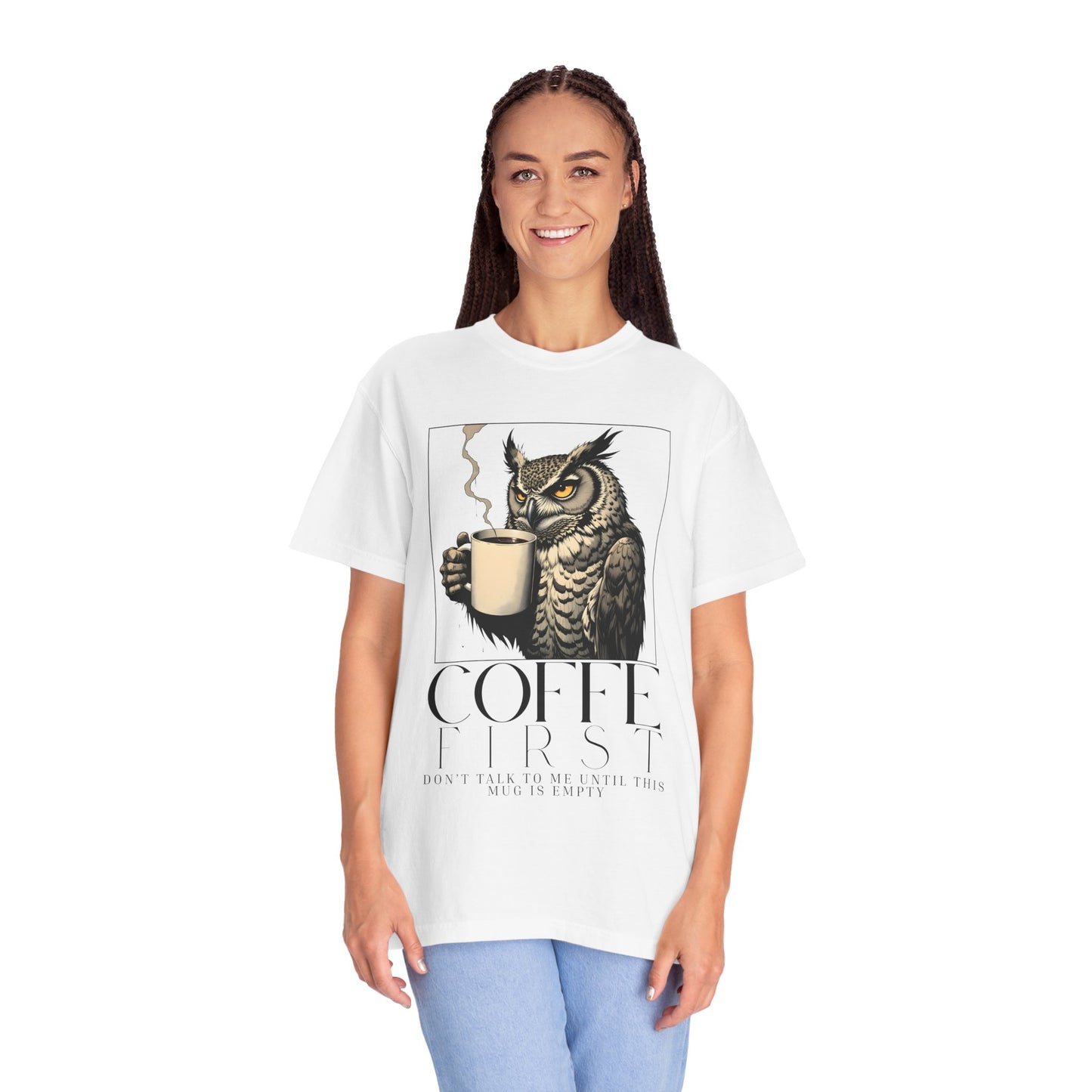 Coffee First Owl T-Shirt — Coffee Lover Graphic Tee