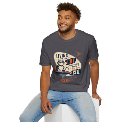Cat T-Shirt — "Living with a Cat is Basically Having a Furry CEO" Retro Graphic