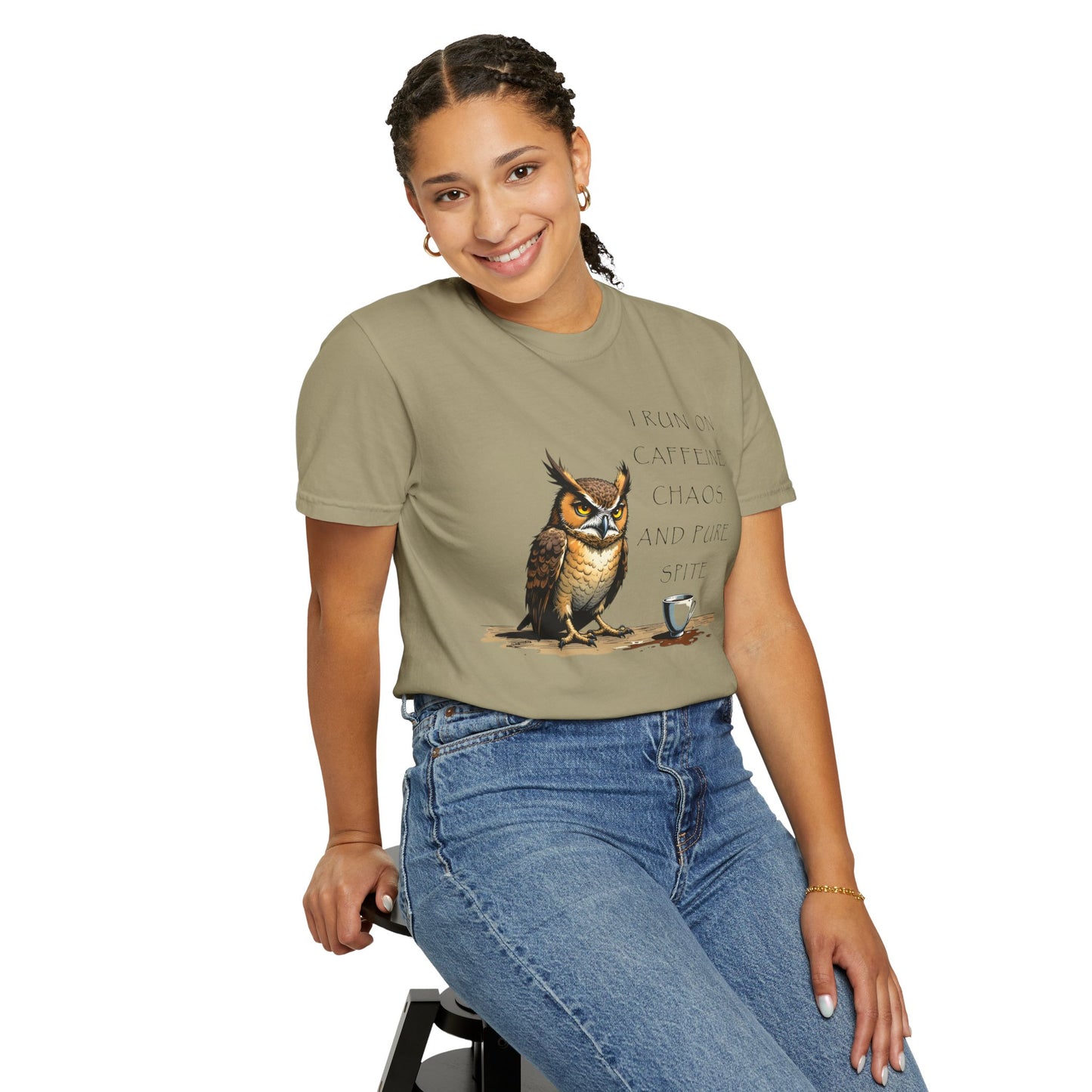 Owl & Coffee T‑Shirt — "I Run On Caffeine, Chaos, And Pure Spite" Graphic Tee