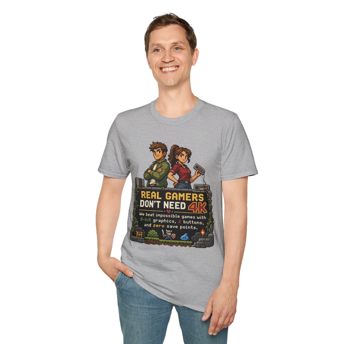 T-Shirt — Retro Pixel 'Real Gamers Don't Need 4K' Graphic Tee