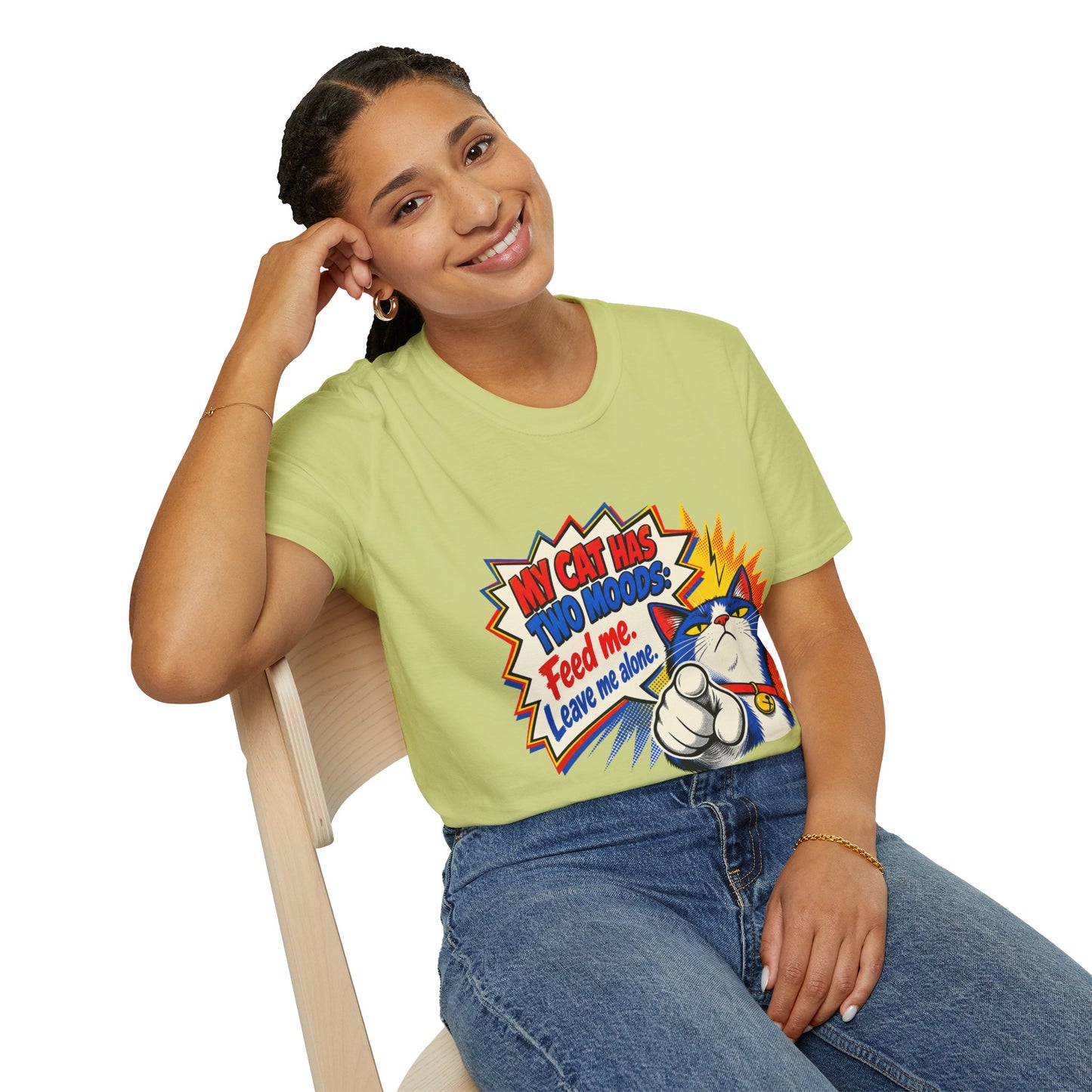 Cat T-Shirt — "My Cat Has Two Moods: Feed Me, Leave Me Alone" Funny Retro Comic Tee