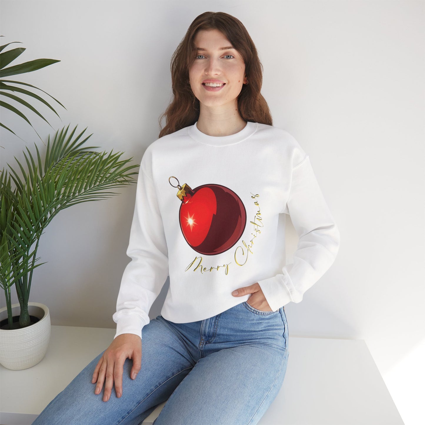 Christmas Ornament Crewneck Sweatshirt — Red Bauble "Merry Christmas" Holiday Sweater