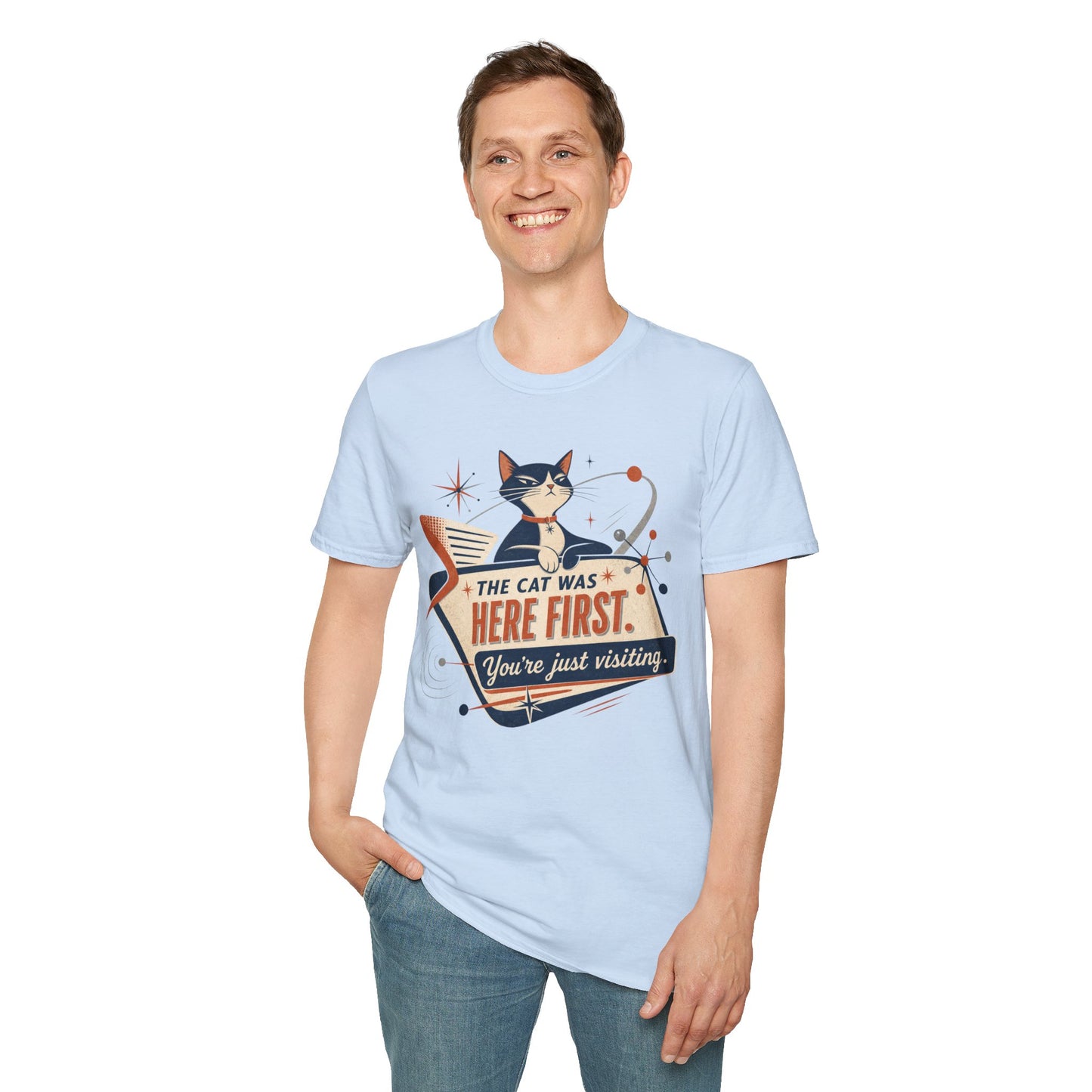 Cat Was Here First T-Shirt — Retro Mid-Century Kitty "You’re Just Visiting" Tee