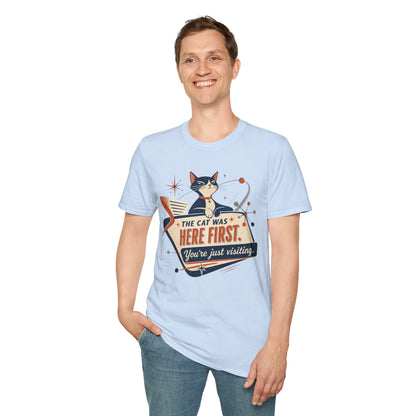 Cat Was Here First T-Shirt — Retro Mid-Century Kitty "You’re Just Visiting" Tee