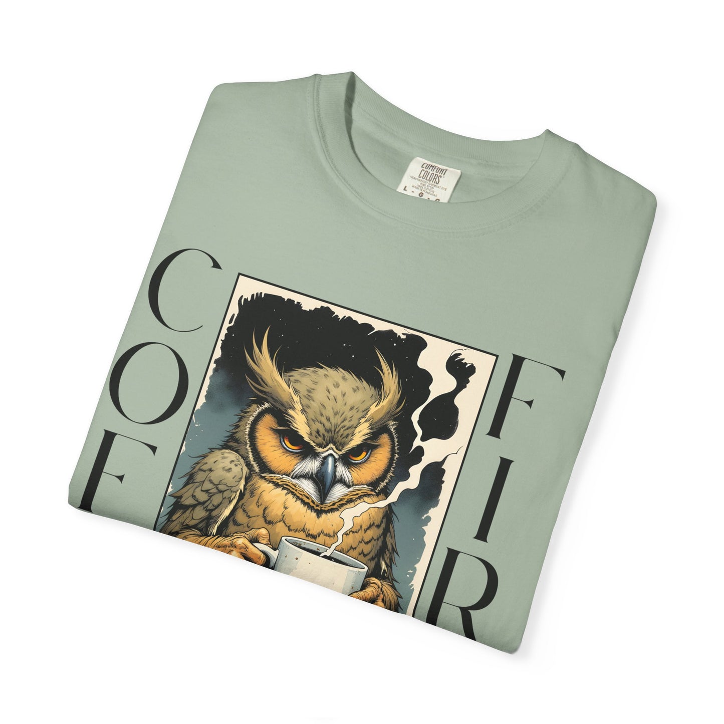 Coffee First Owl T-Shirt — Vintage Owl Holding  Graphic Tee