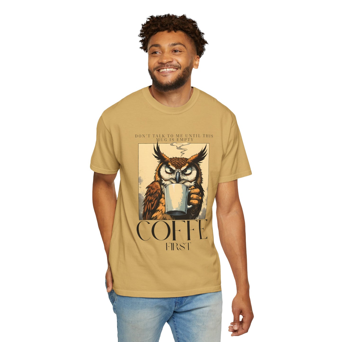 Coffee First Owl T-Shirt — Vintage Coffee Lover Graphic Tee