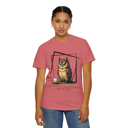 Owl & Coffee Graphic T-Shirt — 'A Day to Coffee and Contemplate'